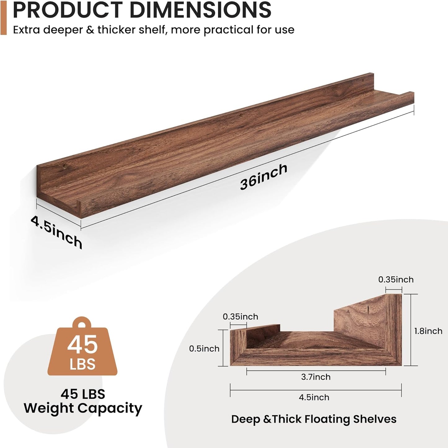Fun Memories Picture Ledge Shelves Set of 2, 32 Inch Rustic Wall Mounted Floating Shelves with Lip for Home Storage and Décor in Bathroom, Kitchen, Nursery, Bedroom, Living Room, Walnut