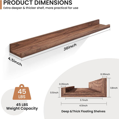 Fun Memories Picture Ledge Shelves Set of 2, 32 Inch Rustic Wall Mounted Floating Shelves with Lip for Home Storage and Décor in Bathroom, Kitchen, Nursery, Bedroom, Living Room, Walnut