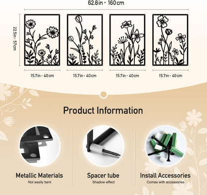 Sokurdeg Black Metal Flowers Wall Decor, Minimalist Floral Wall Hanging Art, Black Abstract Line Wall Art Sculptures for Bedroom Bathroom Living Room (4 Pcs, 12 x 17 in)