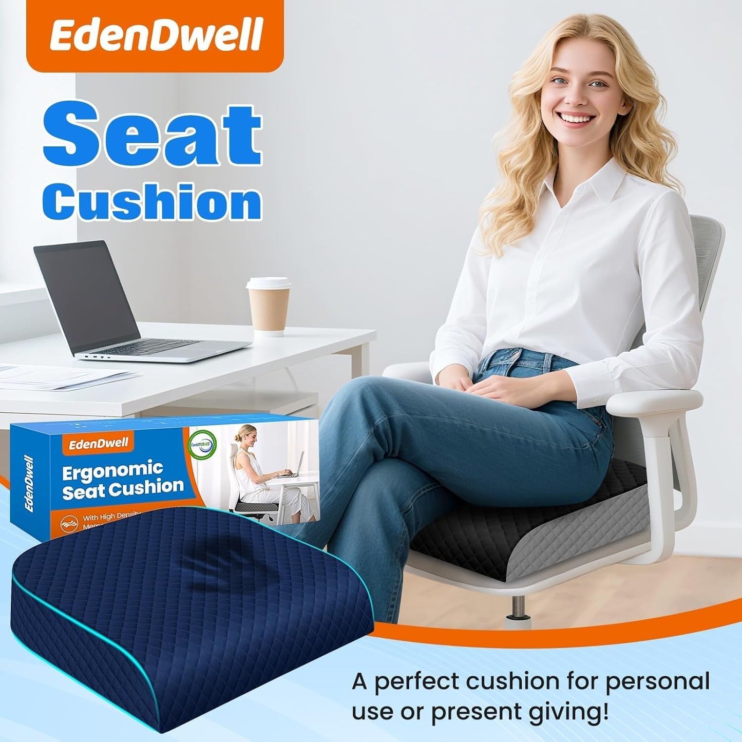 Seat Cushion, Memory Foam Chair Pad for Sciatica & Hip Pain Relief, Non-Slip Cushion for Office, Home, Car, Large Desk Chair Cushion, Washable Cover & Handle, Large, Black