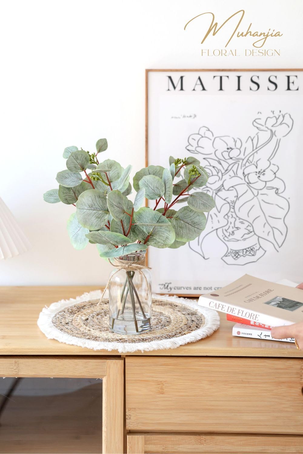 Muhanjia Artificial Eucalyptus Stems in Glass Vase with Faux Water,3Pcs Fake Plant with Double-Sided Green Leaves for Centerpiece(Double-Sided Green Eucalyptus)