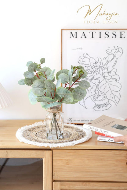 Muhanjia Artificial Eucalyptus Stems in Glass Vase with Faux Water,3Pcs Fake Plant with Double-Sided Green Leaves for Centerpiece(Double-Sided Green Eucalyptus)