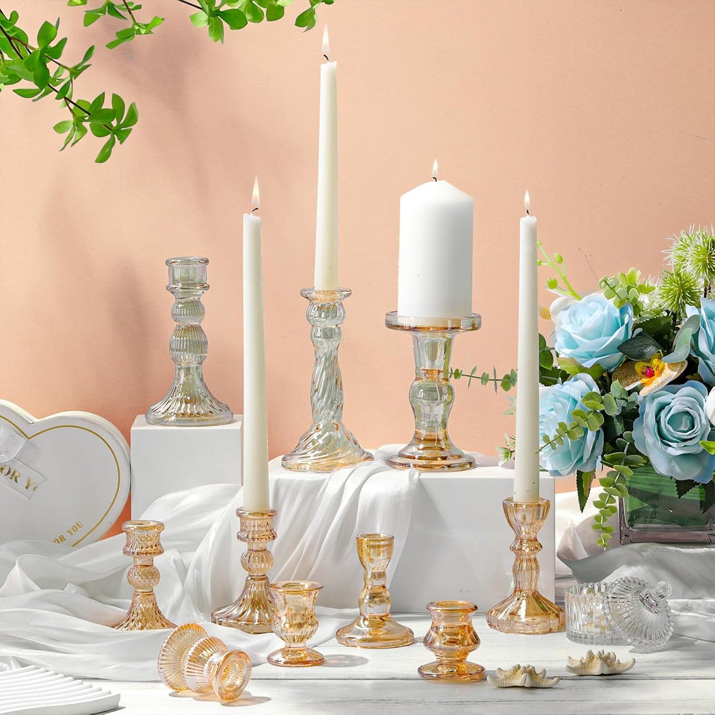 Mumufy 10 Pcs Glass Crystal Taper Candle Holders Clear Glass Candlestick Holder Fit 0.8 Inch Candles Crystal Decorative Candle Stand Centerpiece Table Wedding Dining Party (Classic,Clear)