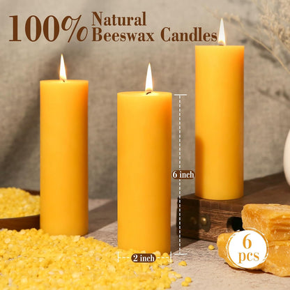 6 Pack Natural Beeswax Pillar Candles 2x6in,360 Hours Long Burning Unscented Beeswax Candles,100% Pure Bees Wax Candles for Home,Emergency,Dripless Pillar Candle Bulk