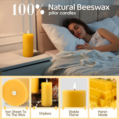 6 Pack Natural Beeswax Pillar Candles,100% Pure Beeswax Candles-210 Hours Long Burning,Organic Bees Wax Candles for Home,Emergency,Prayer,Parties,Unscented Dripless Smokeless Beeswax Candle Bulk 2x4in