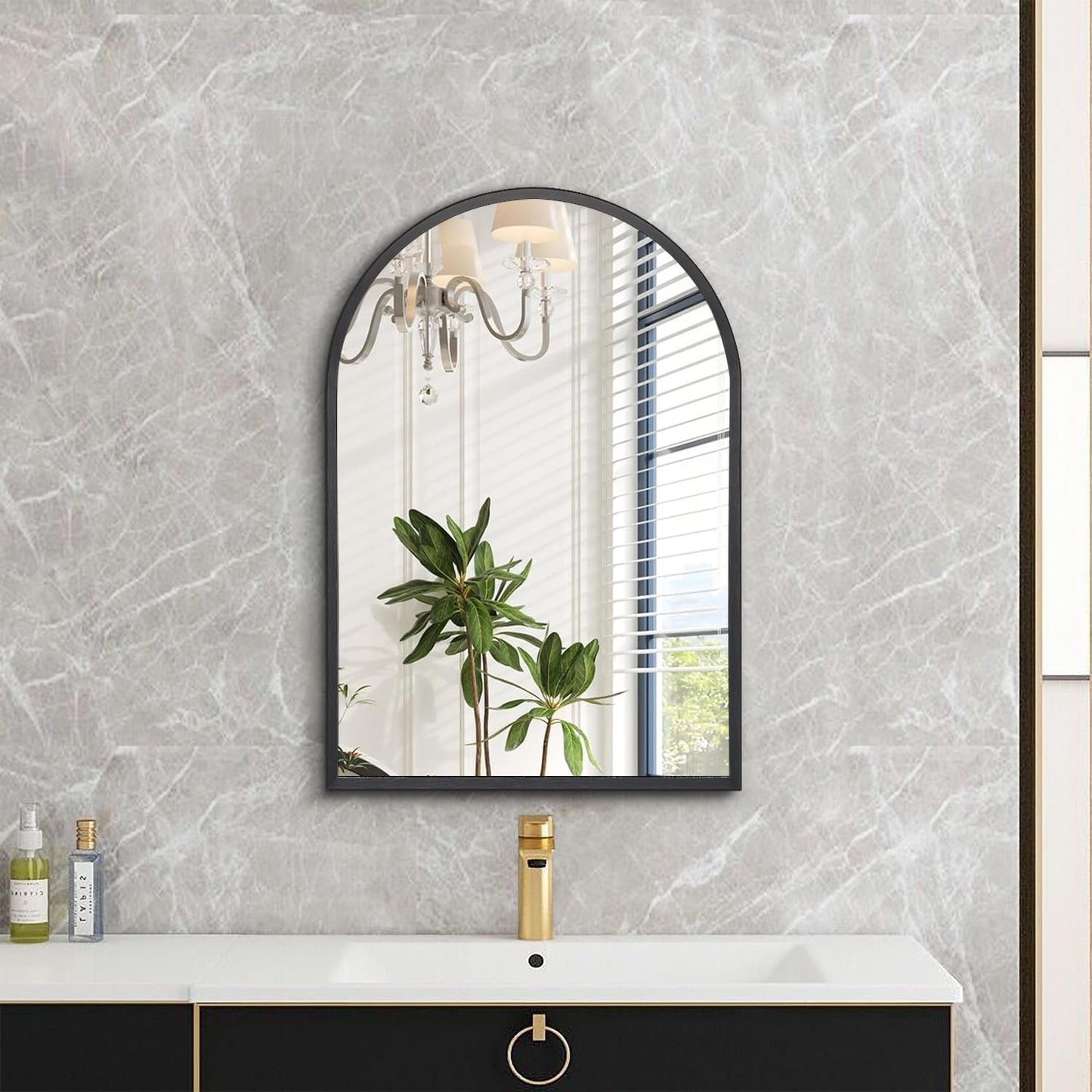 Black Arched Mirror, Modern Bathroom Wall Mirror Aluminum Alloy Framed Mirror Brushed Metal Vanity Wall Mounted Mirror for Livingroom Bedroom Entryway Room 16"x12"