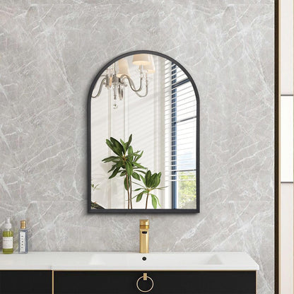 Black Arched Mirror, Modern Bathroom Wall Mirror Aluminum Alloy Framed Mirror Brushed Metal Vanity Wall Mounted Mirror for Livingroom Bedroom Entryway Room 16"x12"