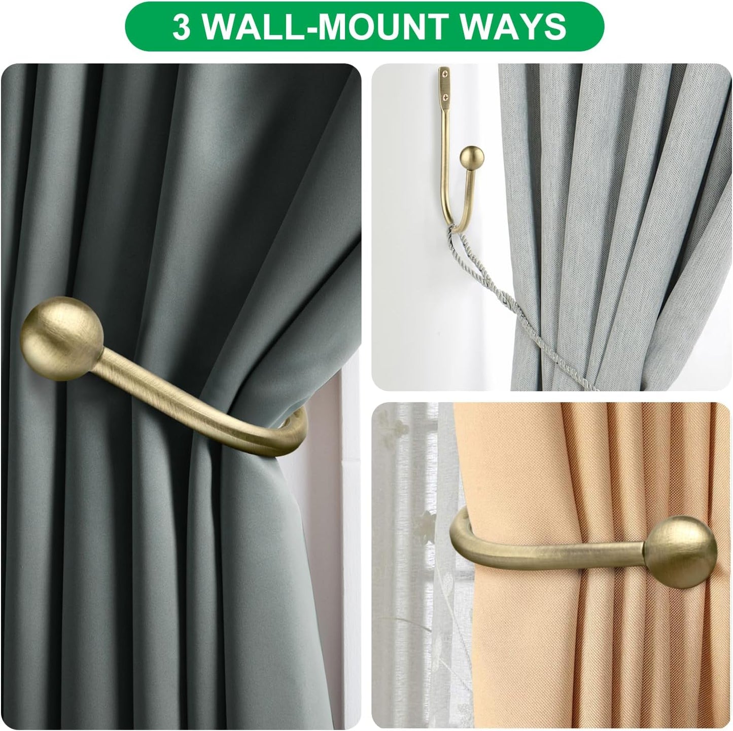Curtain Holdbacks, 4pcs Curtains Holder Wall Mounted Drapery Tiebacks Retro Window Hook for Home Decor, Matte Black