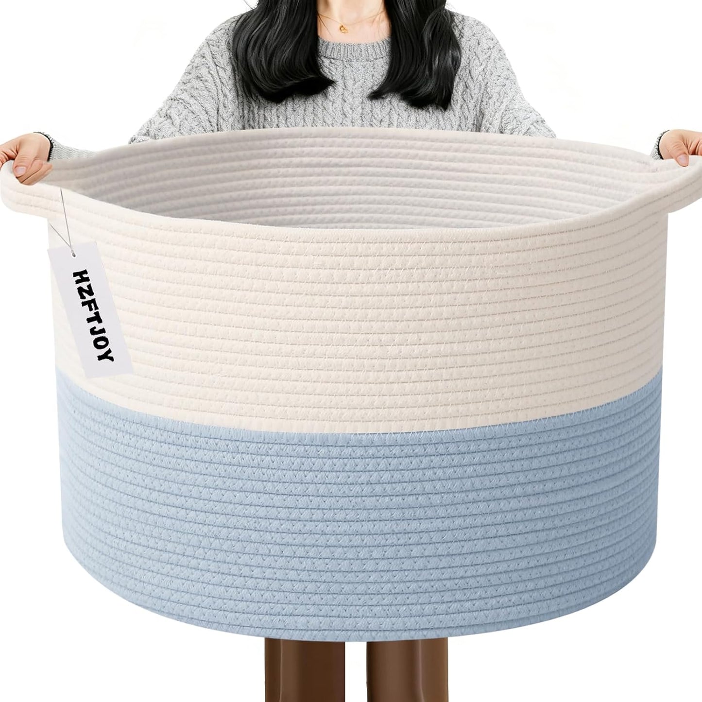 Large Woven Blanket Basket,65L Cotton Rope Laundry Basket Hamper with Handles, Decorative Nursery Basket Storage Bin for Toys, Clothes Organizer, Living Room, Bedroom, Bathroom, White & Brown
