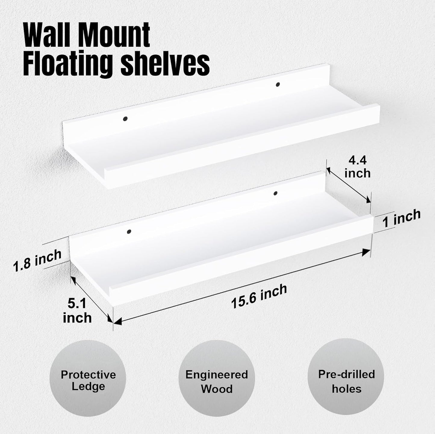 RICHER HOUSE 5 Set Floating Wall Mounted Shelves, Black Shelves for Wall Decor, Modern Picture Ledge Shelf with Lip for Storage, Nursery, Bedroom, Living Room, Bathroom - Black
