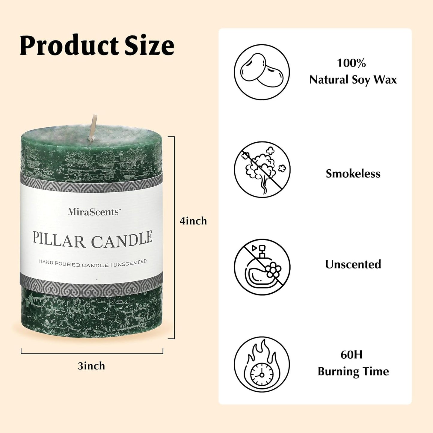 3x6 Inch Sage Green Pillar Candles Set of 3 - Unscented Spring, Long Clean Burning, Large Smokeless Dripless for Home Decor, Dinner Table, Bathroom, Rustic Decor