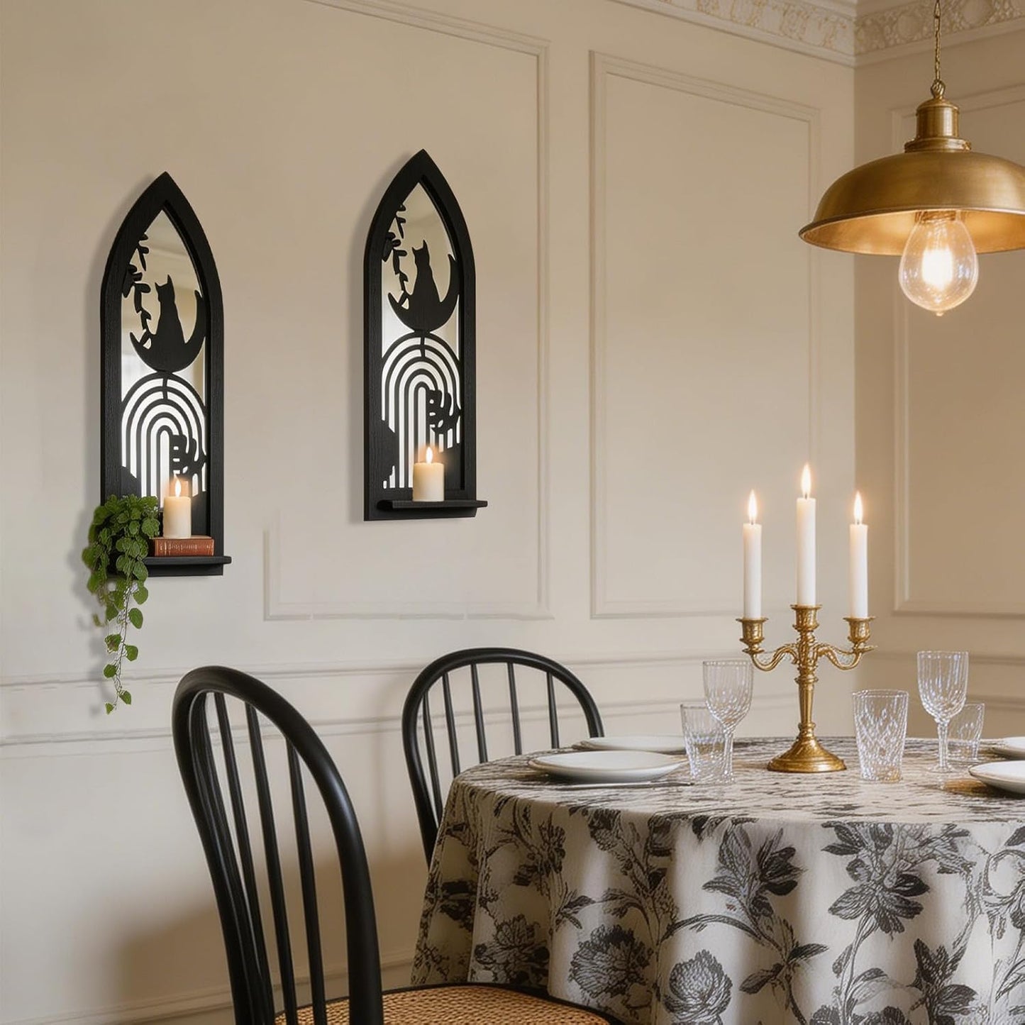 Wood Wall Sconce Candle Holder Set 2, Rustic Wall-Mount Candle Holders, Farmhouse Hanging Wall Décor, Carved Wood Frame, Mirrored Candle Holder (Distressed White)