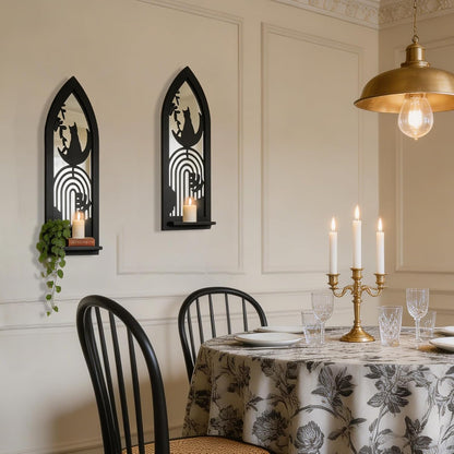 Wood Wall Sconce Candle Holder Set 2, Rustic Wall-Mount Candle Holders, Farmhouse Hanging Wall Décor, Carved Wood Frame, Mirrored Candle Holder (Distressed White)