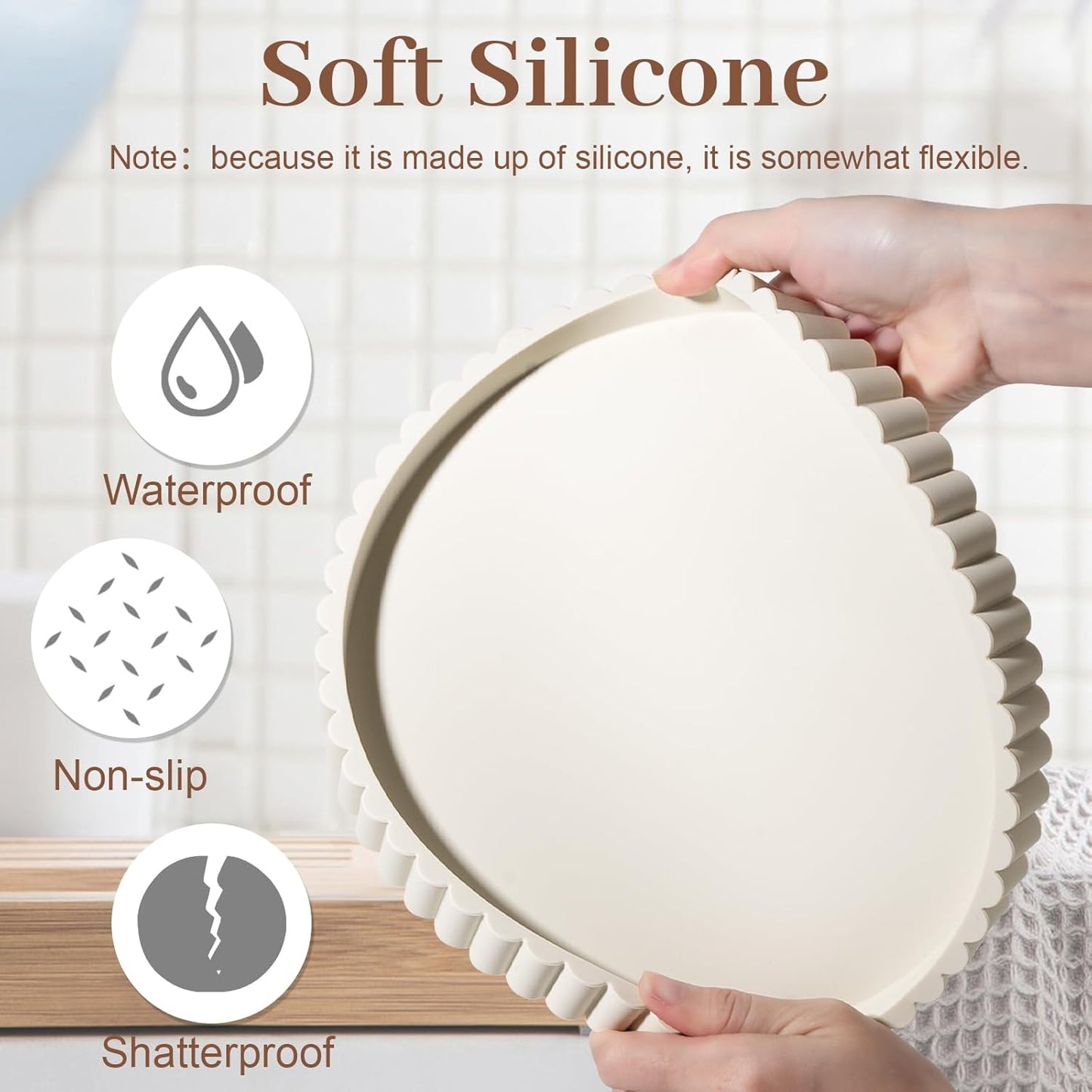 Round Bathroom Tray Silicone Kitchen Counter Decor Vanity Organizer Decorative Coffee Table Tray for Perfume, Candle, Soap Dish, 9 Inch, Black