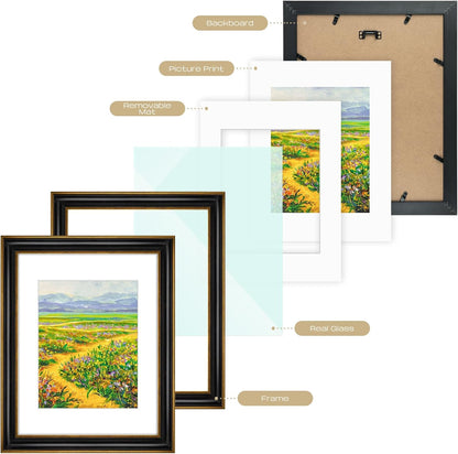 Golden State Art, 11x14 Photo Frame with Mat for Pictures 8x10 and Real Glass (Dark Gold Brown & Bronze Pewter Panel with White Color Mat, 1.25 Inch Frame Border)