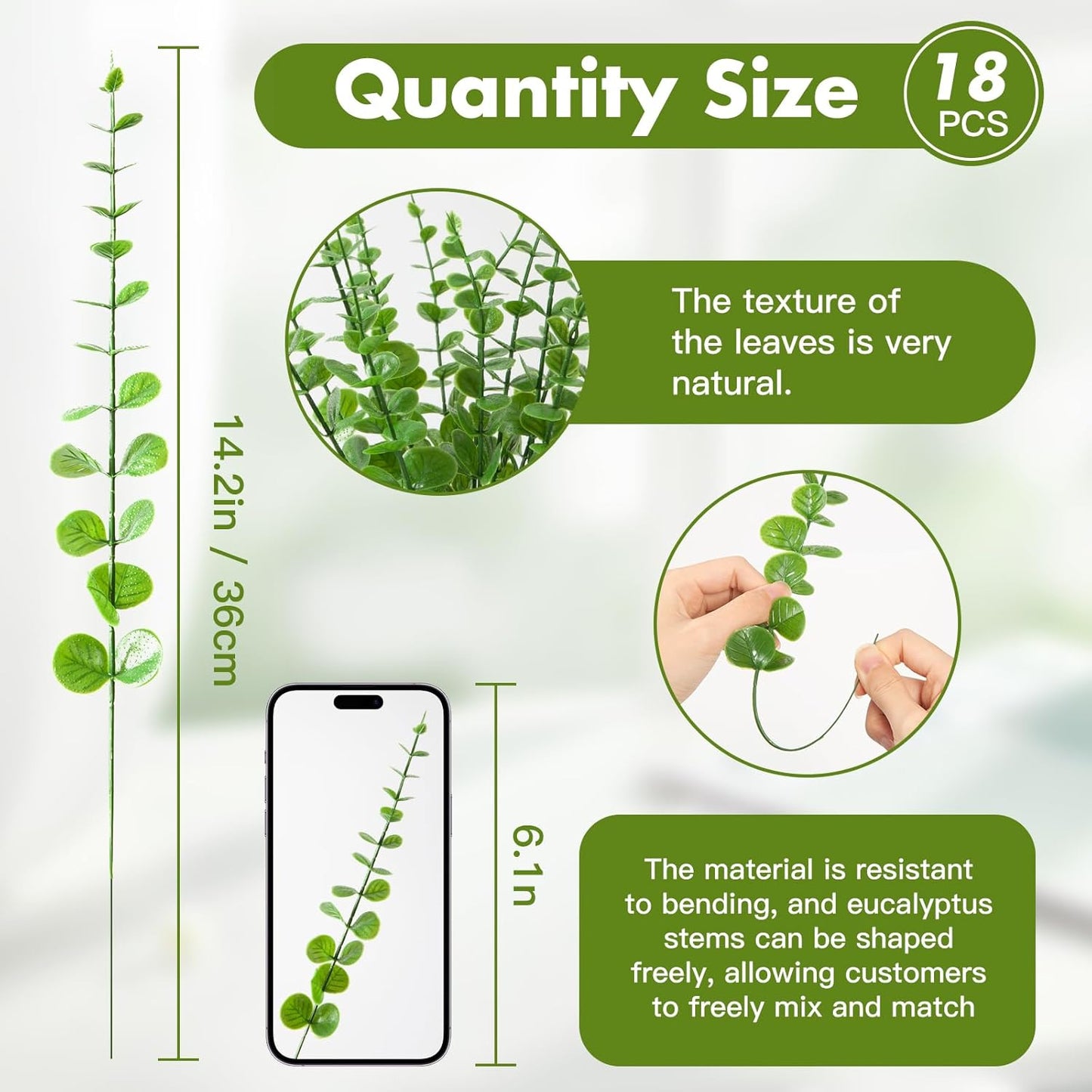 18pcs Eucalyptus Stems Greenery Stems Fake Leaves Artificial Flowers Bouquet Faux Branches Centerpiece Flores Plants for Home Party Decor Wedding Decoration