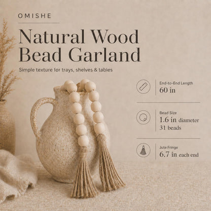 OMISHE Extra Large Wood Bead Garland with 1.6" Diameter Wooden Beads and Tassels, 41" Long Rustic Farmhouse Country Decorative Beads for Home Tiered Tray Decor, Natural Beige