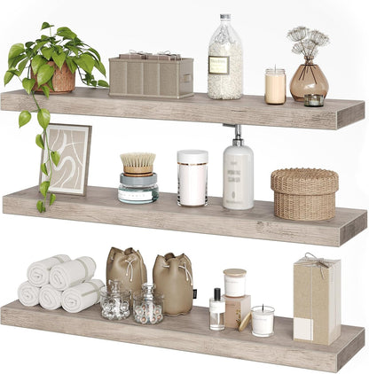 RALGEND Floating Shelves for Wall, 1.5" Thick Wall Shelf Set of 3 with Invisible Brackets, L31.5 x W7.9 Hanging Shelves Farmhouse Home Decor for Bathroom, Living Room, Bedroom, Rustic Brown 8301BJP3BF