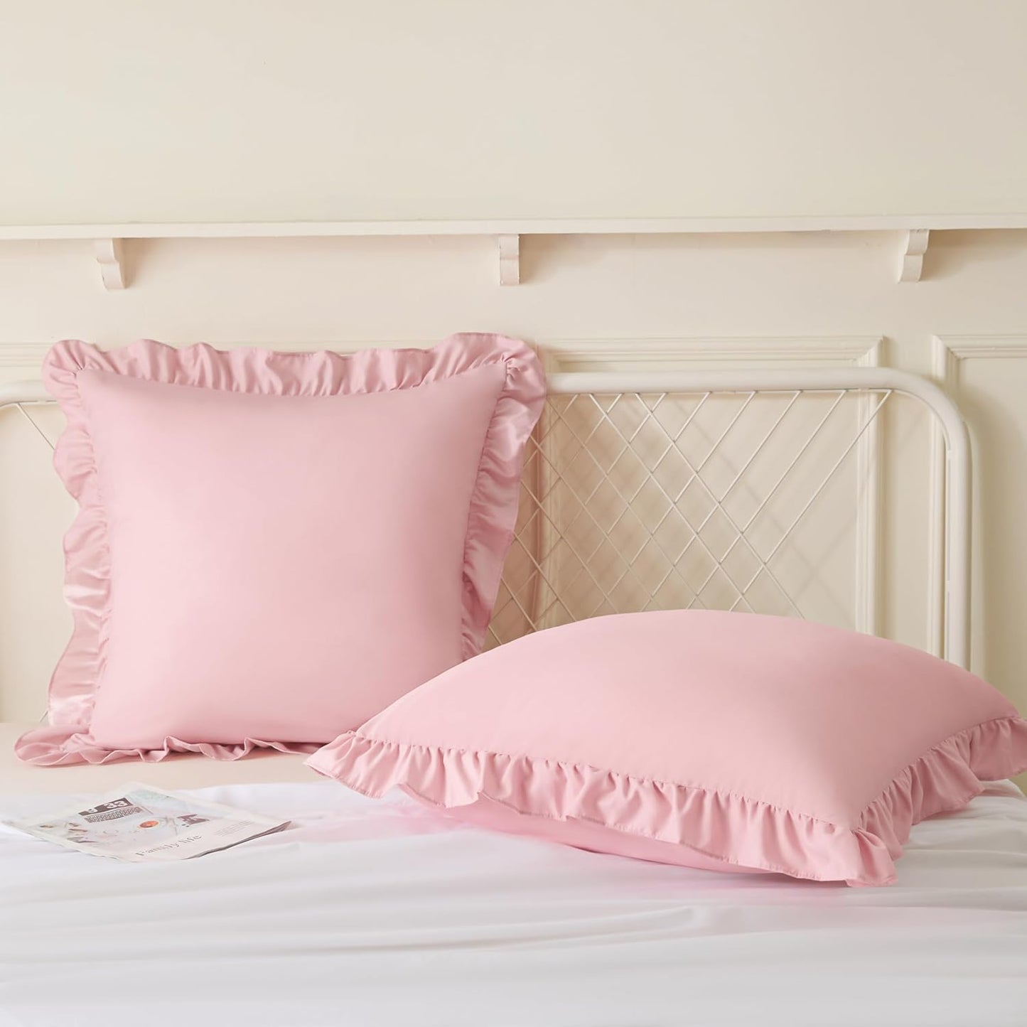 KKJIAF Ruffle Pillow Cases 26x26 Inches, White Square Ruffled Pillow Covers Set of 2, Microfiber Wrinkle Resistant Pillow Shams with Envelope Closure for Sofa Bed Living Room