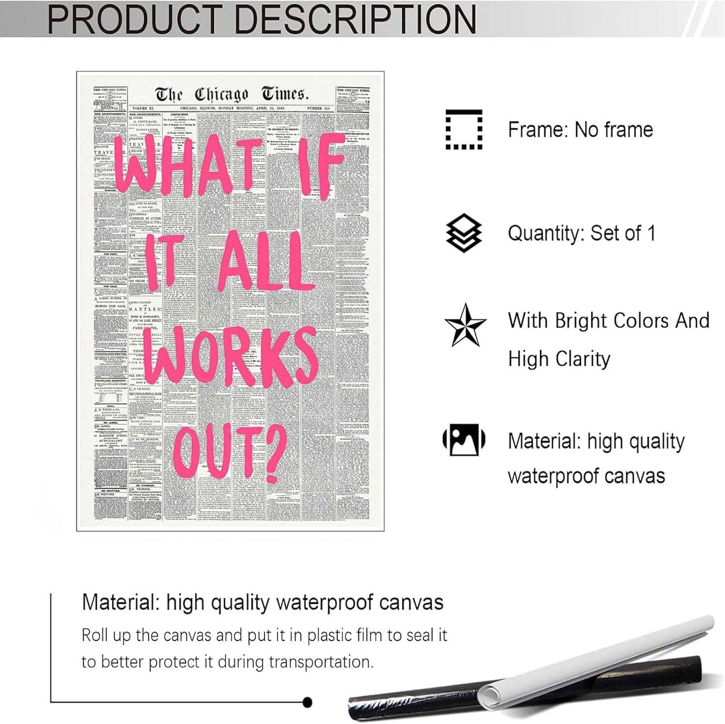 Retro Black And White Newspaper Poster What If It All Works Out Canvas Wall Art Positive Affirming Quote Minimalist Prints Painting For Home Bedroom Dorm Wall Decor 12x16in Unframed
