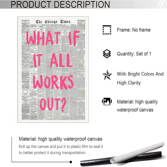 Retro Black And White Newspaper Poster What If It All Works Out Canvas Wall Art Positive Affirming Quote Minimalist Prints Painting For Home Bedroom Dorm Wall Decor 12x16in Unframed