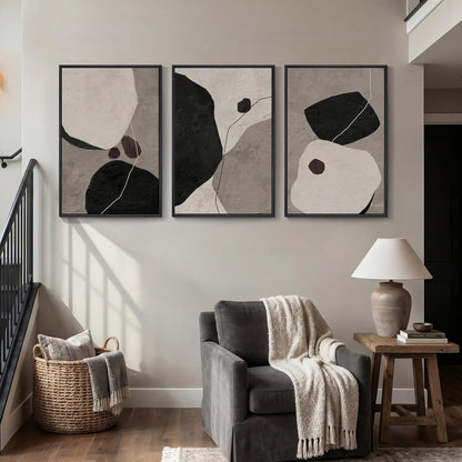 Large Framed Neutral Abstract Wall Art for Living Room, 3 Piece Modern Canvas Prints Paintings Artwork for Walls, Black and Beige Pictures for Living Room Hallway Stair Office Wall Decor 24x36 Inch