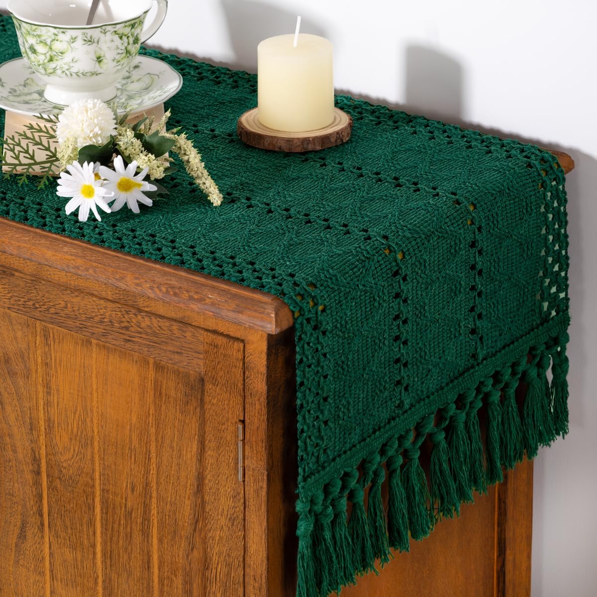 Socomi Boho Table Runner Summer Farmhouse Rustic Dining Kitchen Centerpiece Decor Small Macrame Woven Cotton Linen Coffee Table Runner for Dresser Scarf Home Decor 12x36 inch Beige