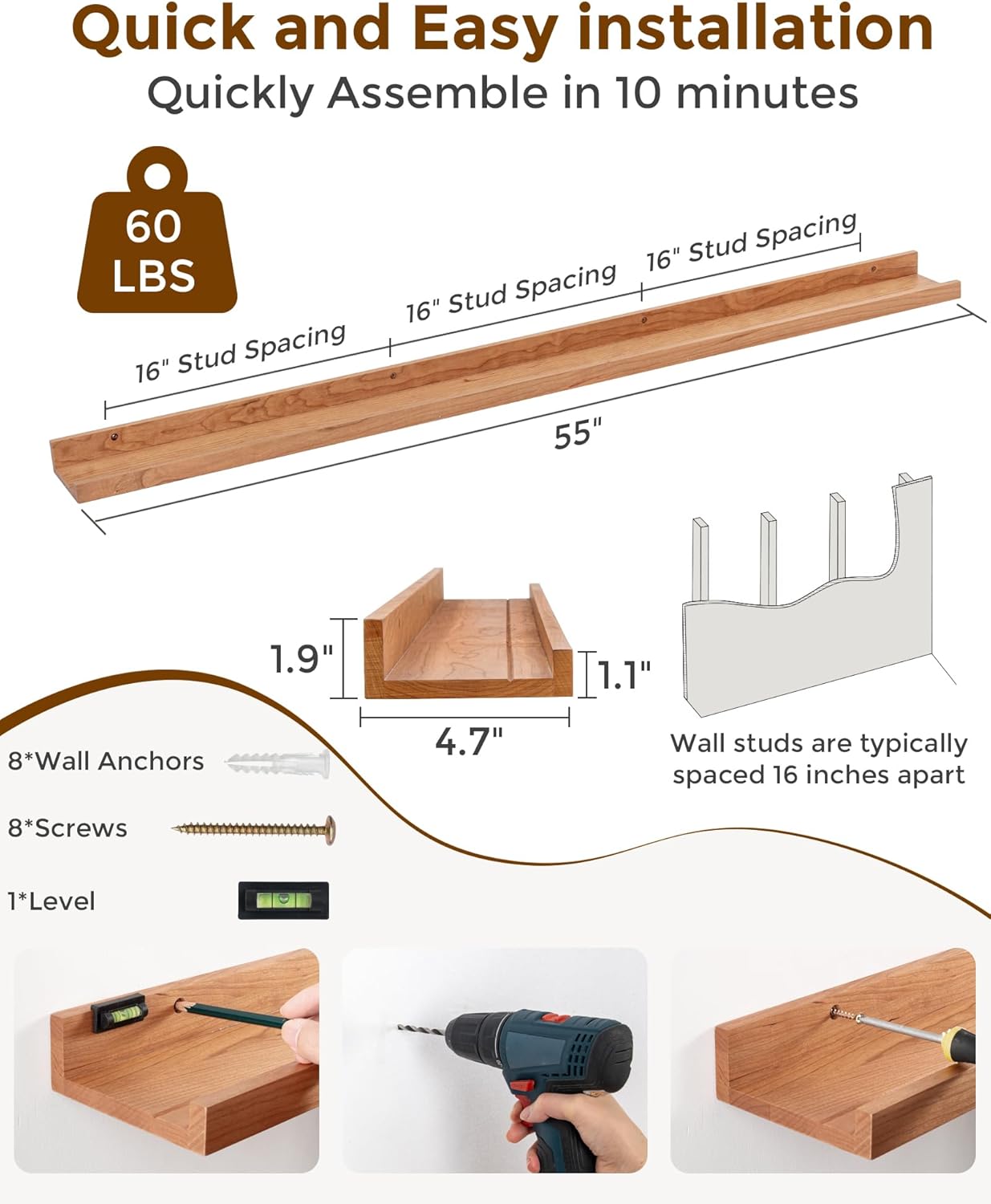 Axeman Oak Picture Ledge Shelf, 48 Inch Floating Shelves Set of 2, Solid Oak Wood Wall Shelves with Lip, Wall Decor Storage for Bedroom Living Room Bathroom Kitchen Nursery Photo Picture, Natural Oak