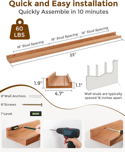 Axeman Oak Picture Ledge Shelf, 48 Inch Floating Shelves Set of 2, Solid Oak Wood Wall Shelves with Lip, Wall Decor Storage for Bedroom Living Room Bathroom Kitchen Nursery Photo Picture, Natural Oak