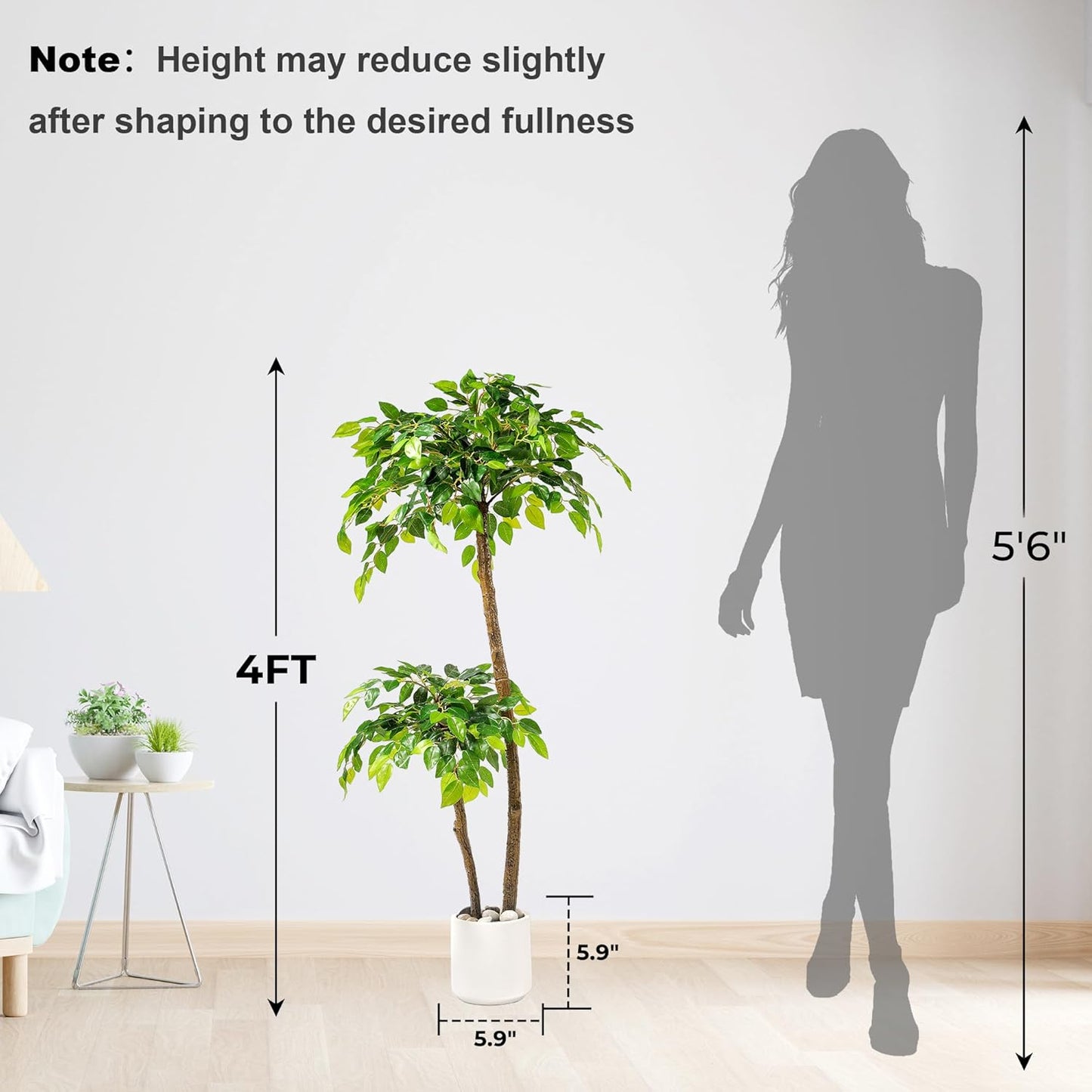 5FT Artificial Ficus Tree with White Planter and Pebbles,Faux Silk Tree with Lifelike Leaves and Realistic Trunk,Tall Fake Potted Plant for Home and Office Décor Indoor and Outdoor (5FT)