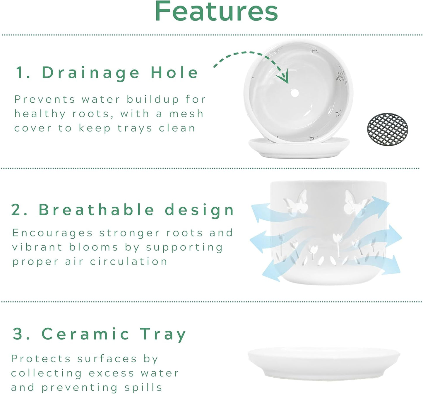 2 Pack, 5 + 6 Inch White Orchid Pots with Butterflies and Tulips Holes and Saucer, Ceramic Orchid Planters for Repotting with Drainage Holes and Tray Indoor Outdoor, Butterfly Gift