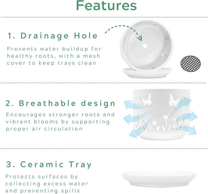 2 Pack, 5 + 6 Inch White Orchid Pots with Butterflies and Tulips Holes and Saucer, Ceramic Orchid Planters for Repotting with Drainage Holes and Tray Indoor Outdoor, Butterfly Gift