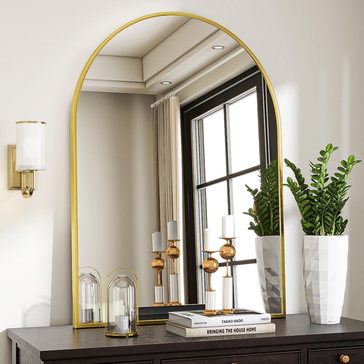 VooBang Arched Wall Mirror, 24 x 36 inch Arch Bathroom Mirror, Wall Mounted Vanity Mirror with Arch Metal Frame, Modern Bathroom Vanity Mirror for Bedroom, Living Room, Hanging or Leaning, Black