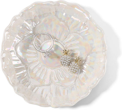 Pink Flower Ring Dish Holder,Jewelry Dish Tray,Small Trinket Tray,Jewelry Plate Bowl,Key Bowl,Decorative Plate,Mothers Day Birthday Gifts for Women Friends,Ceramic Kiln effect White