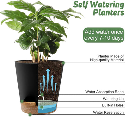 YNNICO Indoor Self Watering Planters with Drainage Holes and Saucers, 8, 7, 6.5, 6, 5.5, 5 Inches, Black, 6 Pots