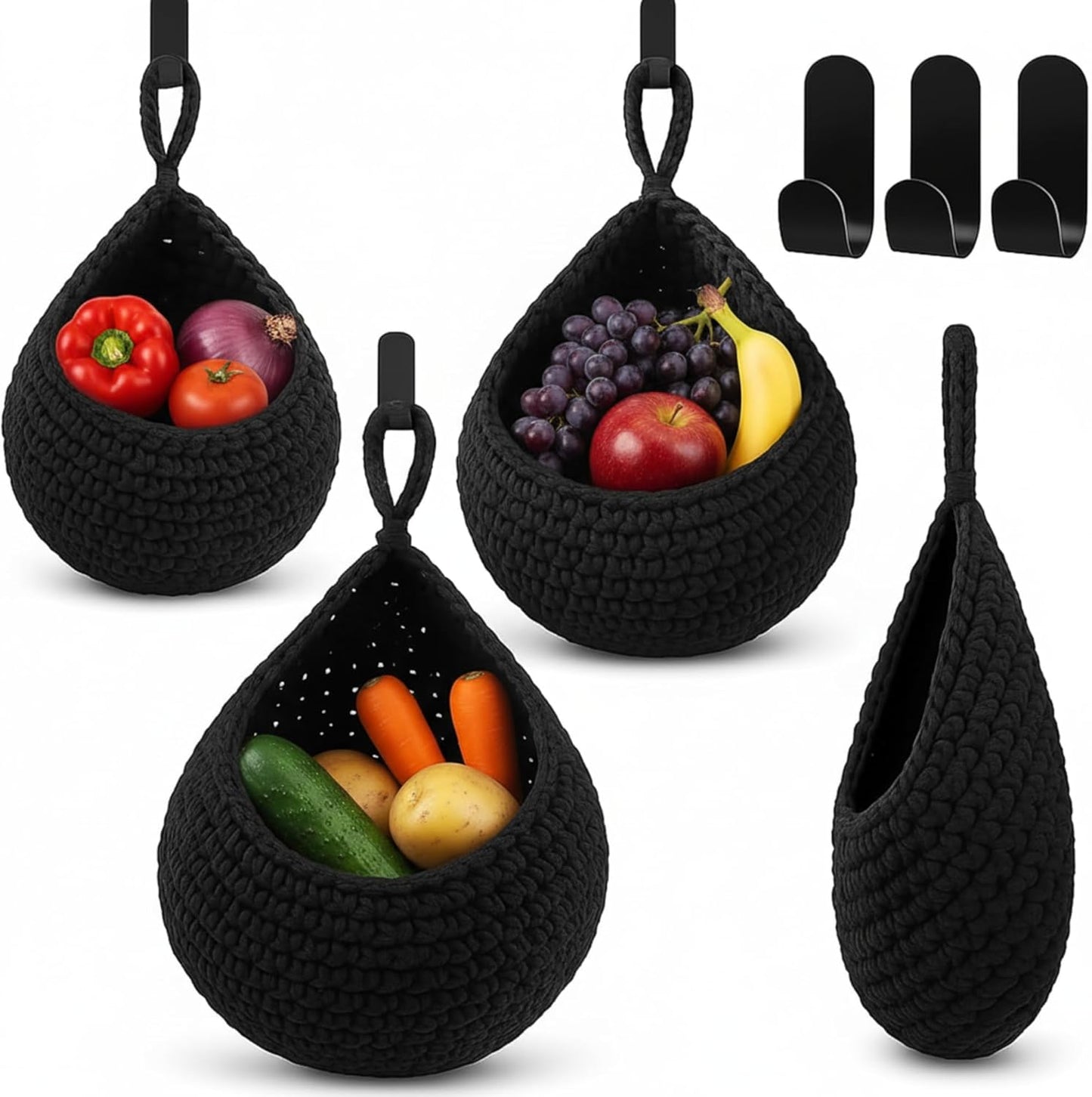 Honeydak Boho Decor Hanging Wall Baskets for Kitchen 3 Pack Teardrop Baskets with Hooks Storage Fruit Onion Vegetable Potato for Home 3 Sizes(Linen,Teardrop,Jute)