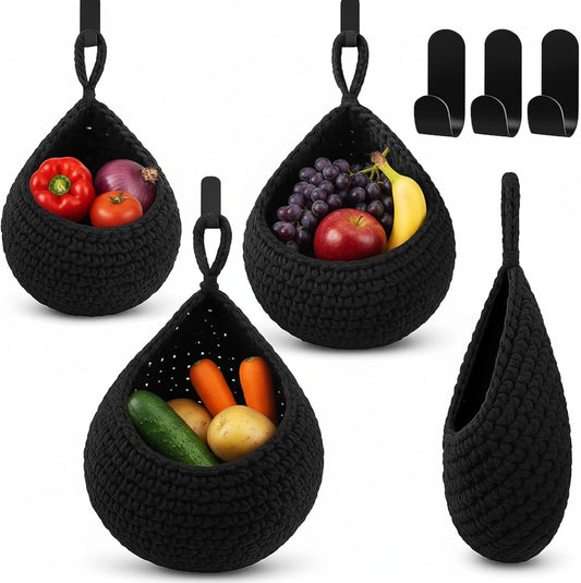 Honeydak Boho Decor Hanging Wall Baskets for Kitchen 3 Pack Teardrop Baskets with Hooks Storage Fruit Onion Vegetable Potato for Home 3 Sizes(Linen,Teardrop,Jute)