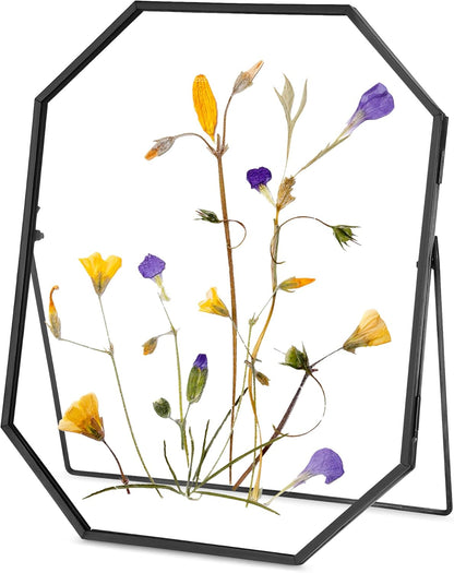 REDHUGO Glass Pressed Flower Frame Handmade, Metal Floating Picture Frame, Double Glass for Tabletop Display, Unique Brass Octagon, Gold, 5x7 Inches (Frame Only)