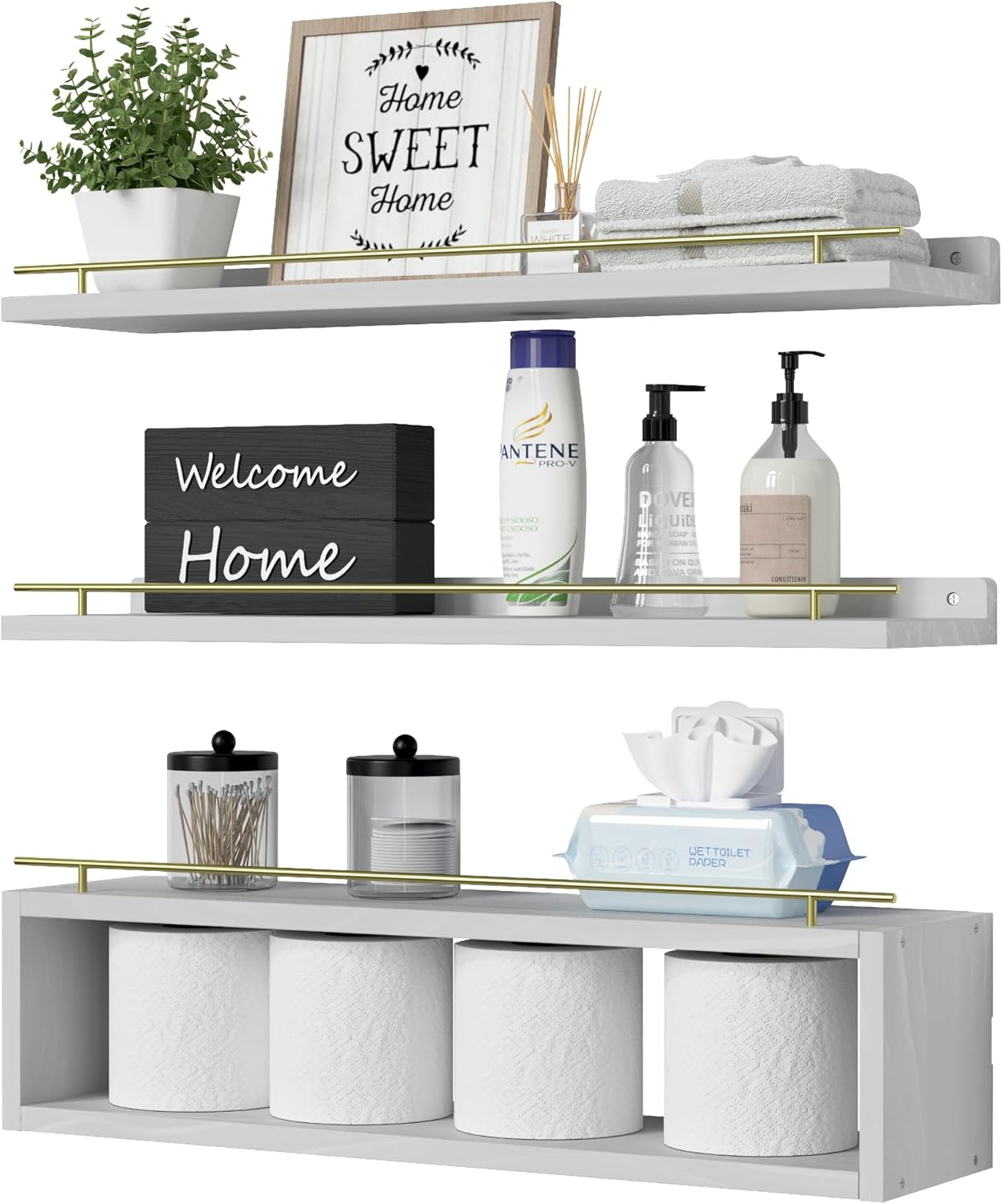 WOPITUES Floating Shelves for Wall with Cube Shelf, Wall Shelves with Metal Rail for Bathroom Decor, Bathroom Organizers and Storage, Over Toilet Shelves for Toilet Paper-Black