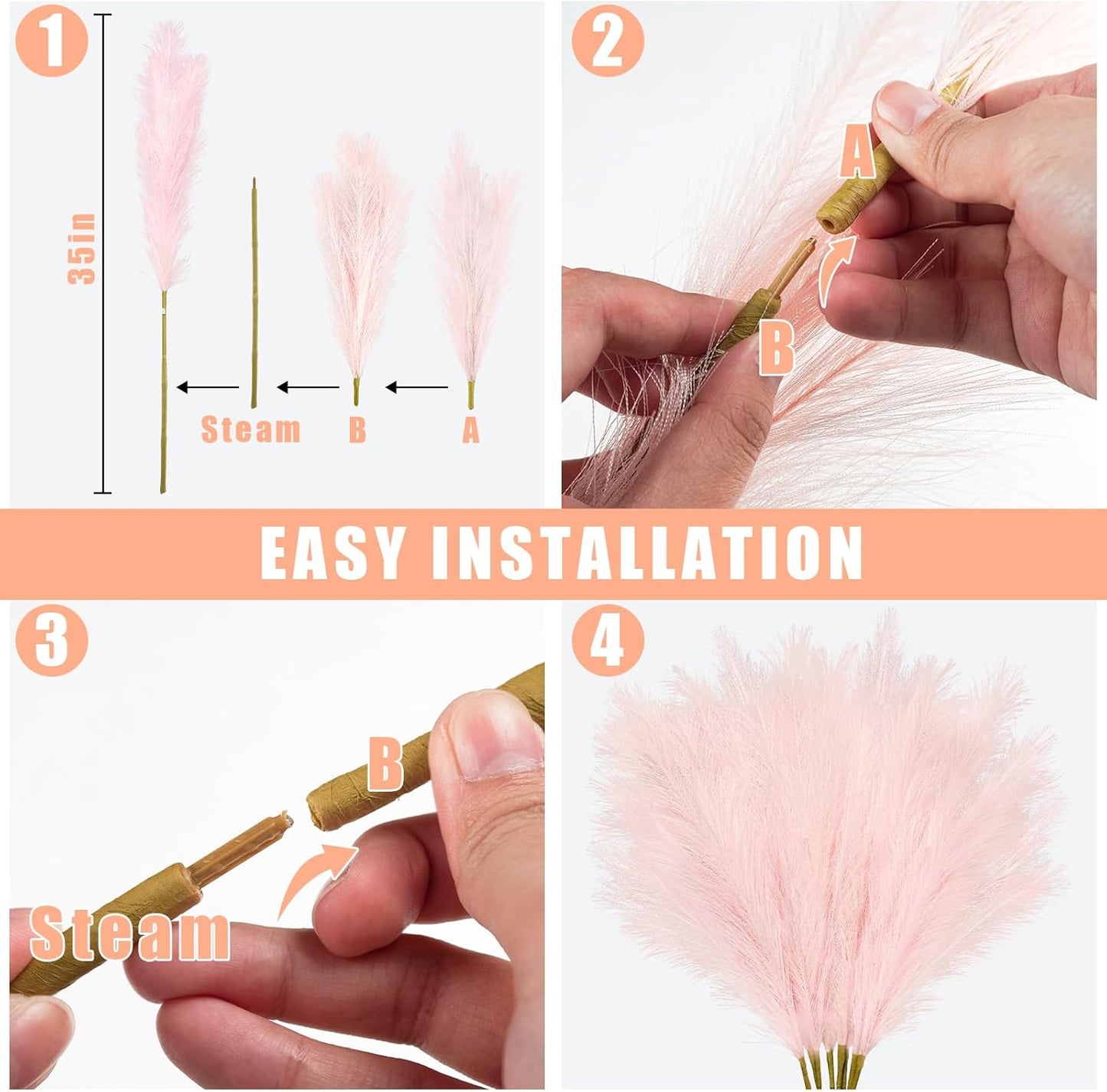 obbsie 50pcs Pink Faux Pampas Grass Decor, 21.6" Short Artificial Floral Branches Vase Filler Flower Arrangement for Home Wedding Boho Outdoor Decor