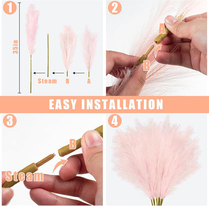 obbsie 50pcs Pink Faux Pampas Grass Decor, 21.6" Short Artificial Floral Branches Vase Filler Flower Arrangement for Home Wedding Boho Outdoor Decor