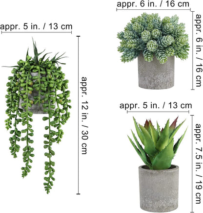 Winlyn Set of 3 Mini Potted Succulents Artificial String of Pearls Aloe Hops Succulent Plants in Gray Pots for Gifts Table Shelves Windowsill Office Desk Indoor Greenery Decorations Wedding Favors