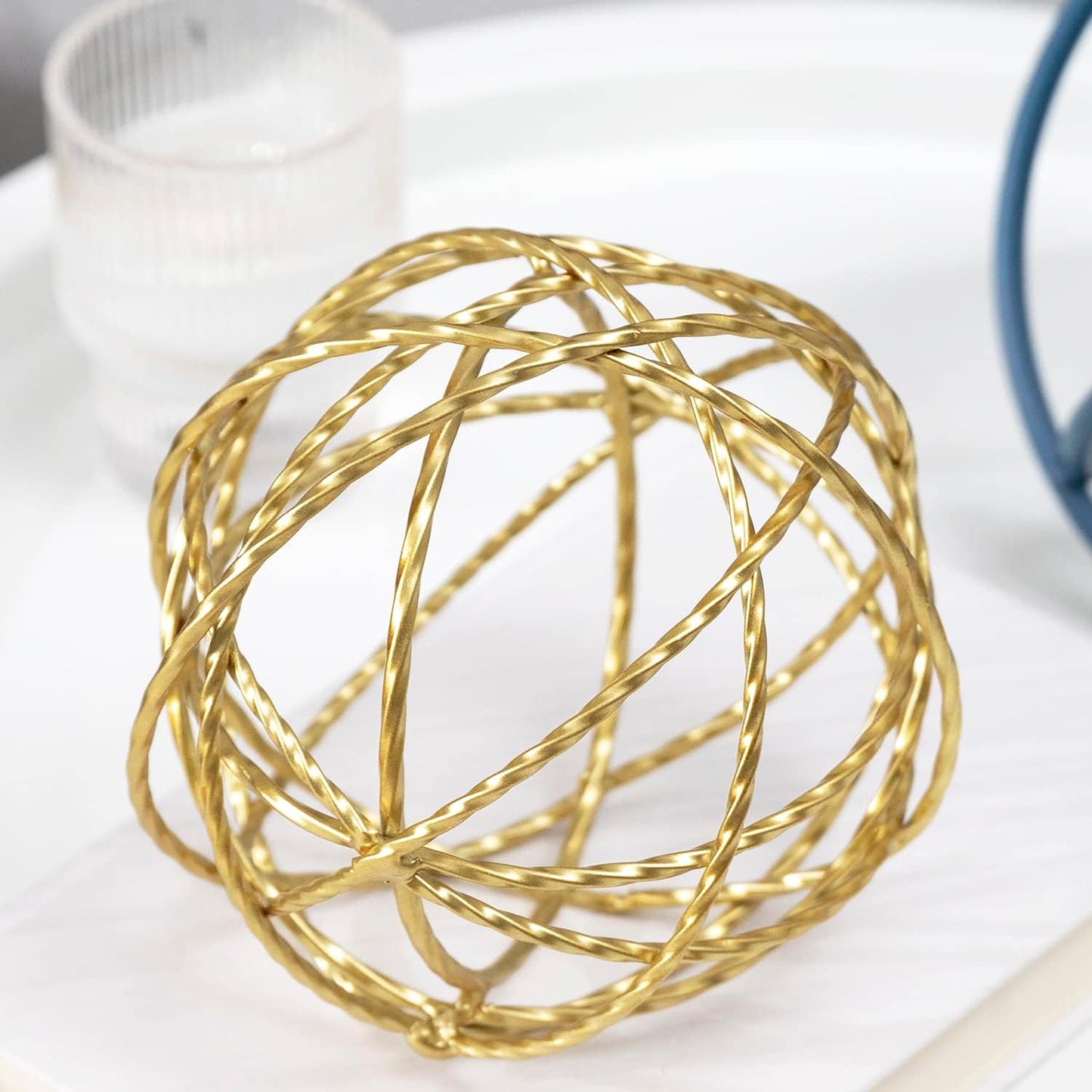 5.5" Gold Metal Geometric Sculpture, Modern Square Decorative Sphere, Small Tabletop Decoration Ball for Home Office Table Shelf Living Room Bedroom Desk Decor