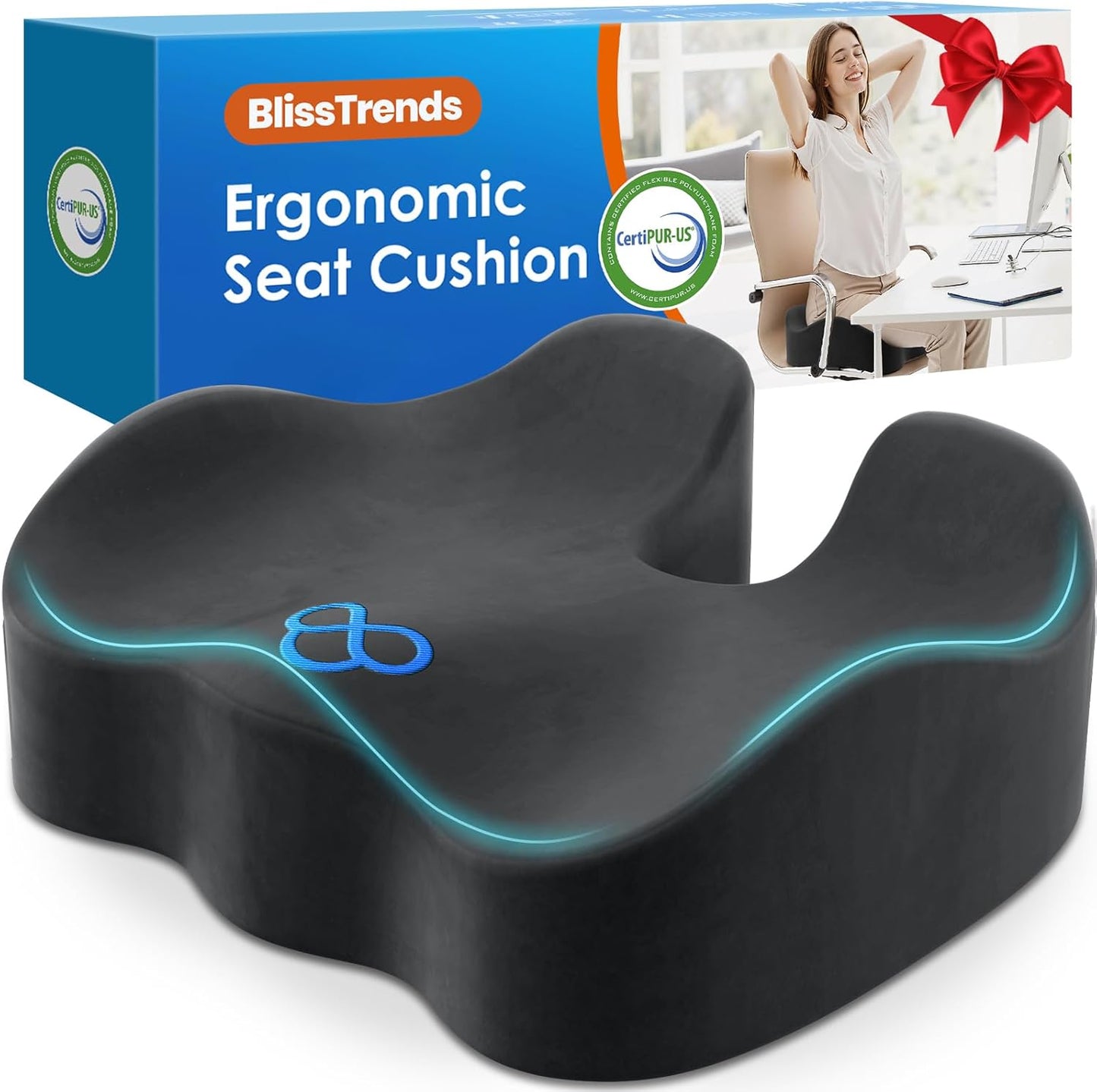 BlissTrends Seat Cushion with Velvet Cover, Thick Memory Foam Cushions for Office Chair, Car Seat, Airplane, Relieving Pressure Tailbone Sciatica Back Pain for Long Sitting, Car Drivers 4.7in Black