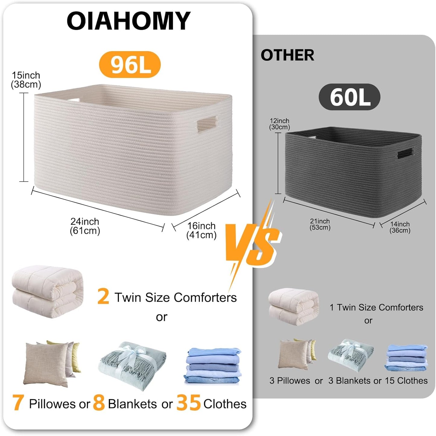 OIAHOMY 75L Large Woven Cotton Rope Storage Basket with Handle for Organizing Blanket and Toys for Living Room, Nursery, Brown Variegated 22”x17”x12”