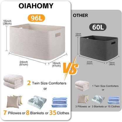 OIAHOMY 75L Large Woven Cotton Rope Storage Basket with Handle for Organizing Blanket and Toys for Living Room, Nursery, Brown Variegated 22”x17”x12”