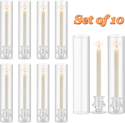 Hurricane Glass Candle Holders, Set of 10 Candlestick Holders for Taper Candle with 11.8" Tall Windproof Cylinder Covers Candle Stand Bulk for Table Centerpieces on Wedding Birthday Housewarming Decor