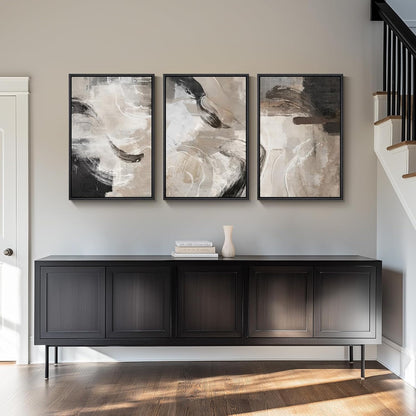 Large Framed Neutral Abstract Wall Art for Living Room, 3 Piece Modern Canvas Prints Paintings Artwork for Walls, Black and Beige Pictures for Living Room Hallway Stair Office Wall Decor 24x36 Inch