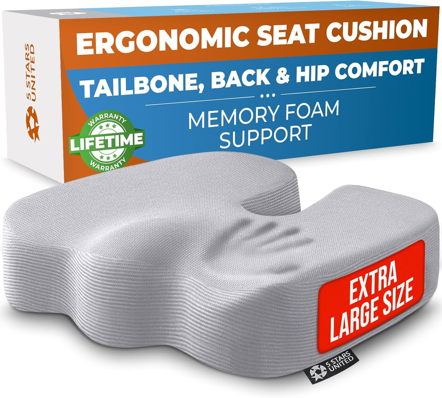 5 STARS UNITED Seat Cushion - Memory Foam Chair Cushion for Tailbone Pain Relief - Ergonomic Support for Coccyx, Sciatica & Butt - Office, Desk & Gaming Chair, Car Seat, Wheelchair, Airplane, Black