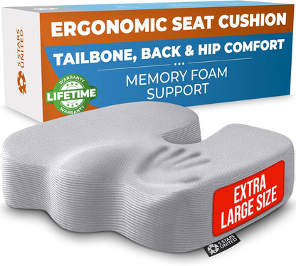 5 STARS UNITED Seat Cushion - Memory Foam Chair Cushion for Tailbone Pain Relief - Ergonomic Support for Coccyx, Sciatica & Butt - Office, Desk & Gaming Chair, Car Seat, Wheelchair, Airplane, Black